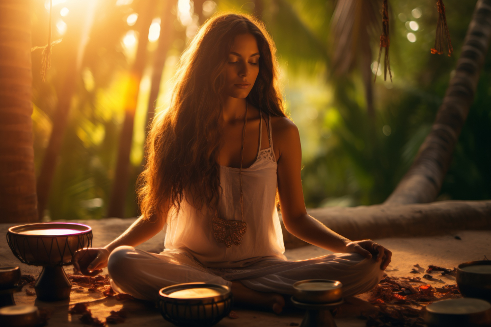 Femme méditant en pleine nature, entourée de bols, éclairée par le soleil.