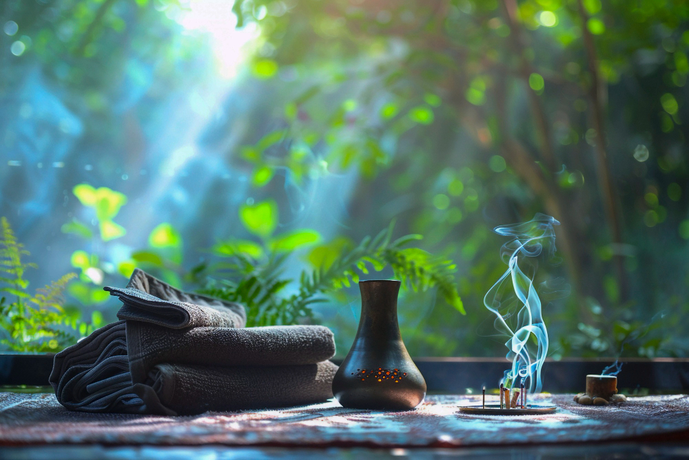 Tapis, serviettes, encens et vase dans un cadre naturel lumineux.