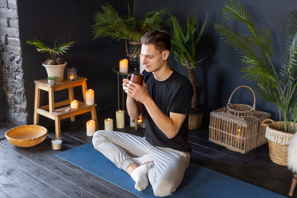 Homme méditant avec une boisson, entouré de plantes et de bougies.
