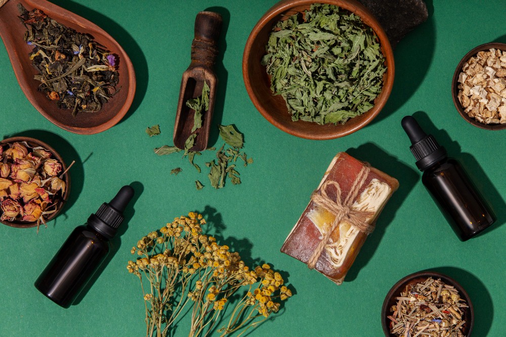 Diverses herbes séchées, flacons compte-gouttes et savon sur fond vert.