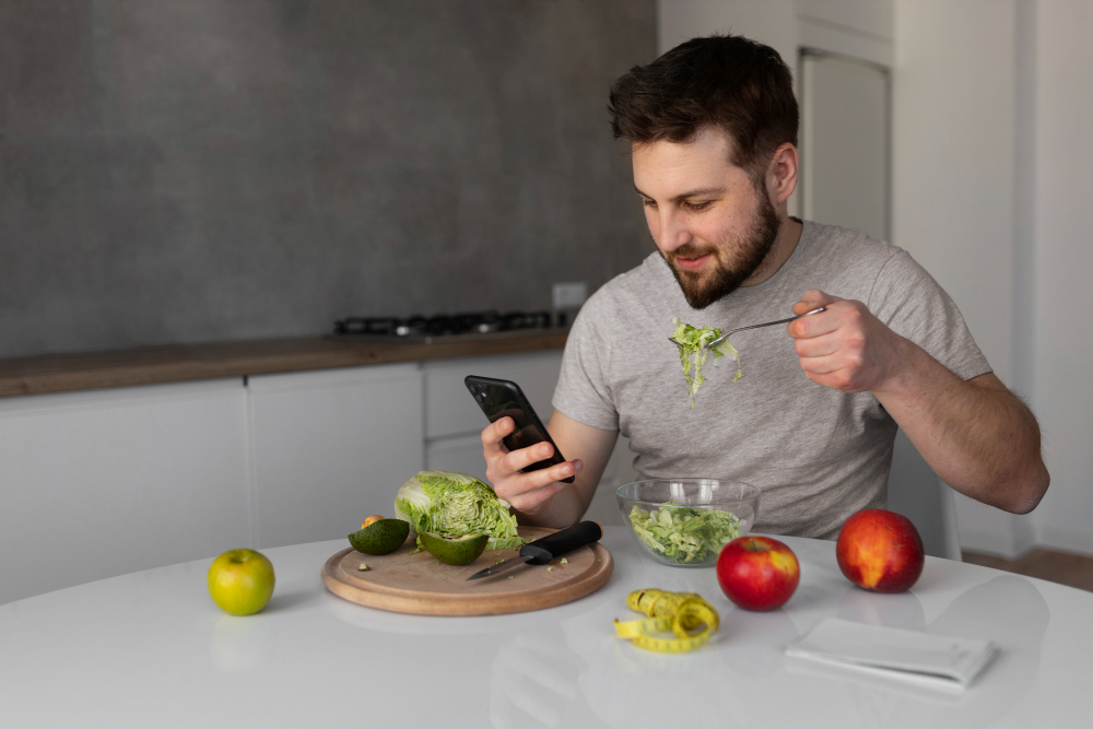 Homme mangeant une salade tout en regardant son téléphone dans une cuisine.