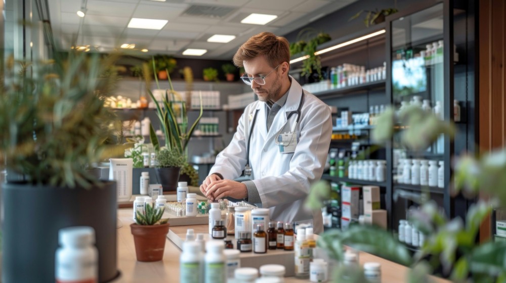 Pharmacien préparant des remèdes homéopathiques dans une pharmacie moderne.