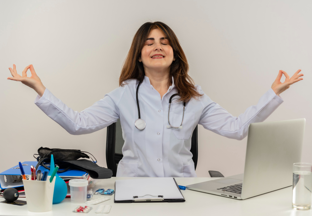 Femme médecin méditant à un bureau avec ordinateur portable et fournitures médicales.