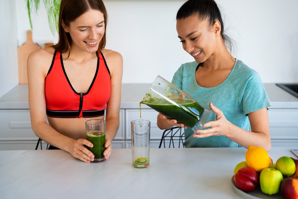 Deux femmes préparant un smoothie vert dans une cuisine moderne.