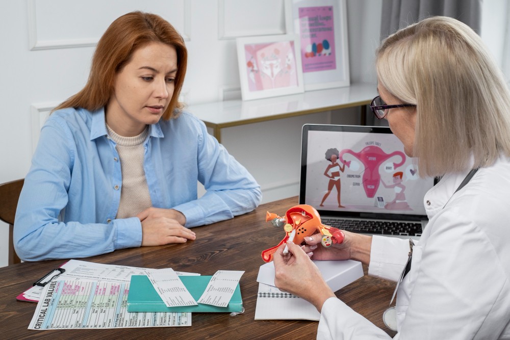 Une docteure explique la santé féminine à une patiente avec un modèle anatomique.