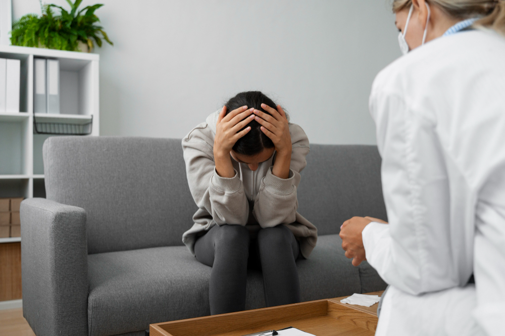 Une personne en détresse parle à un professionnel de santé.