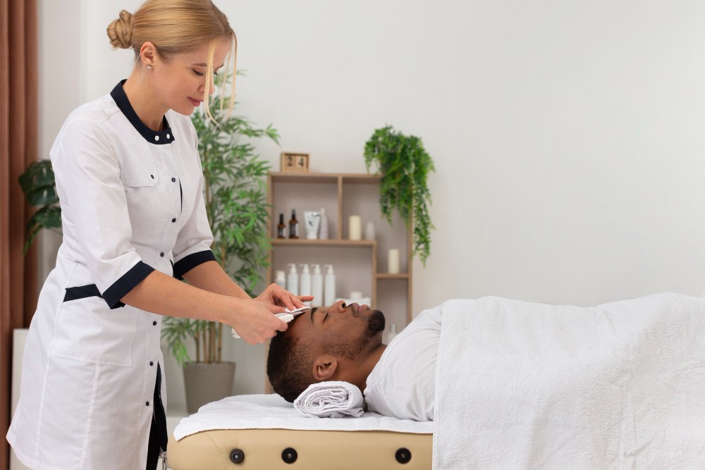 Femme soignante appliquant un traitement sur le visage d'un homme allongé.