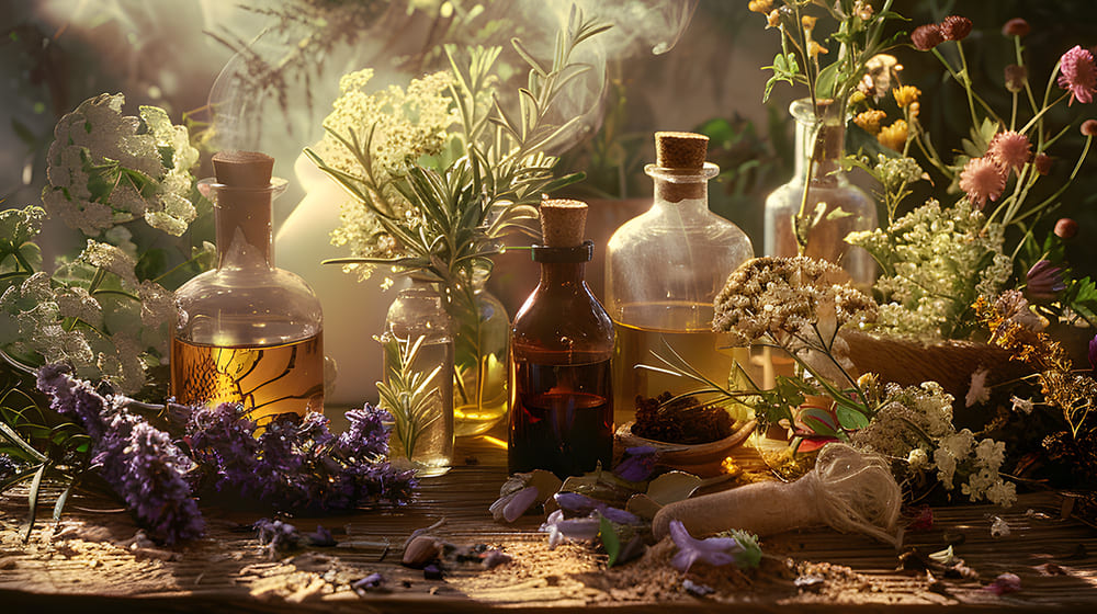 Flacons et herbes médicinales sur une table en bois, ambiance naturelle.