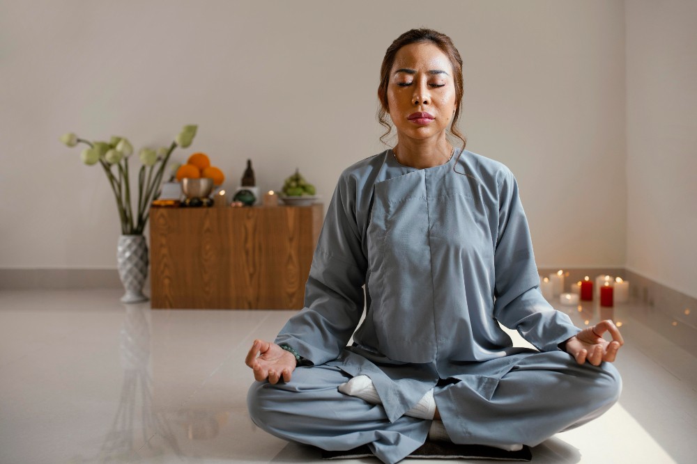 Femme méditant en position du lotus dans une pièce calme avec bougies et plantes.