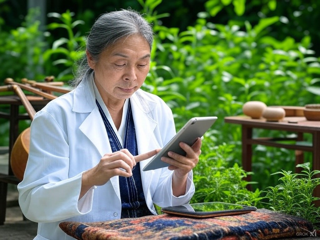 Une femme âgée consulte une tablette dans un jardin verdoyant.
