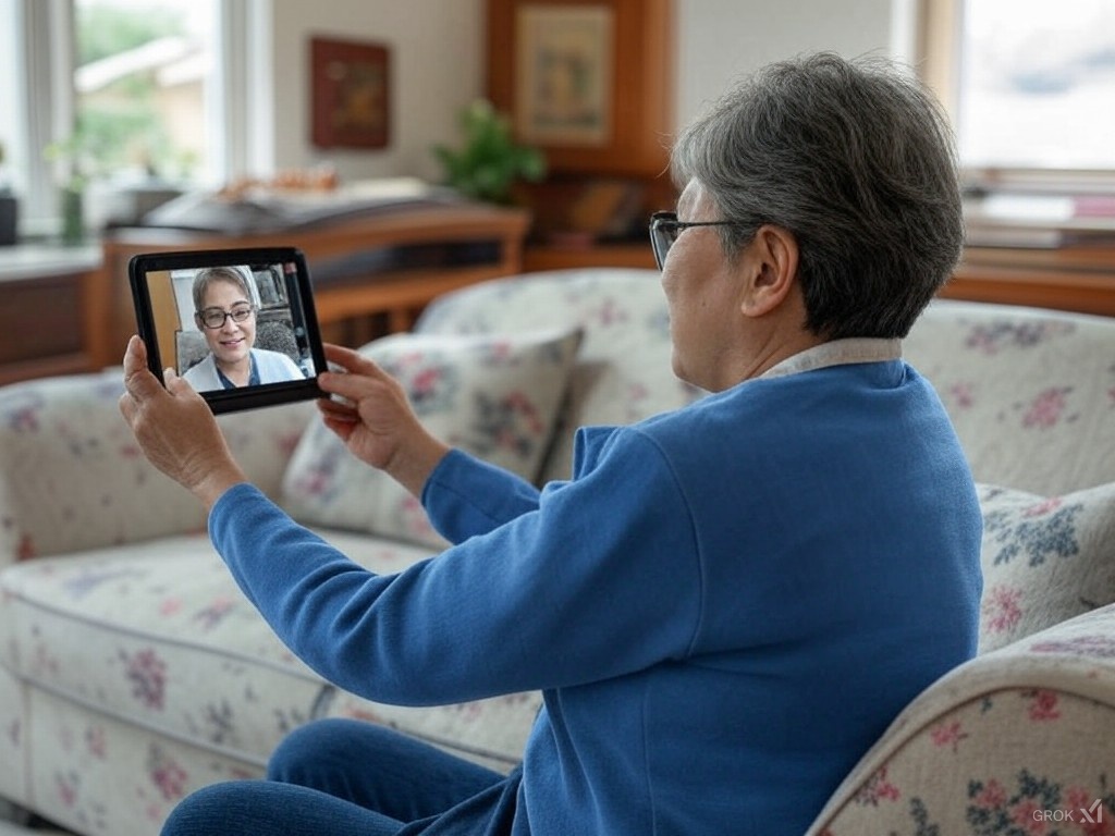 Une femme âgée fait un appel vidéo sur une tablette.