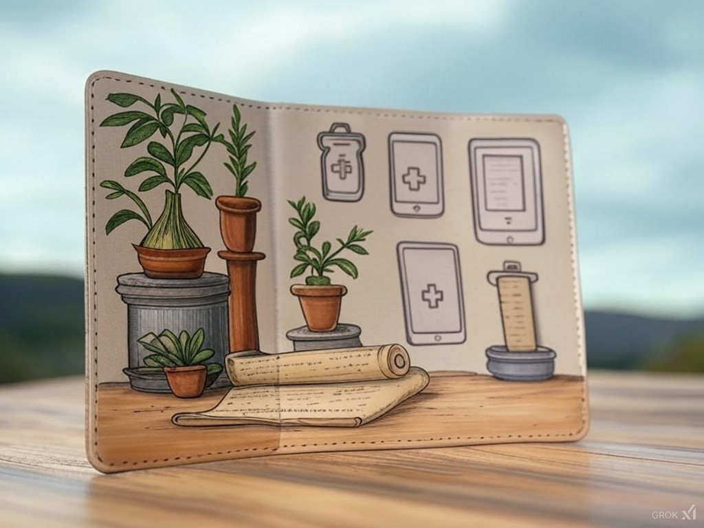 Plantes en pot et icônes médicales sur une page illustrée.