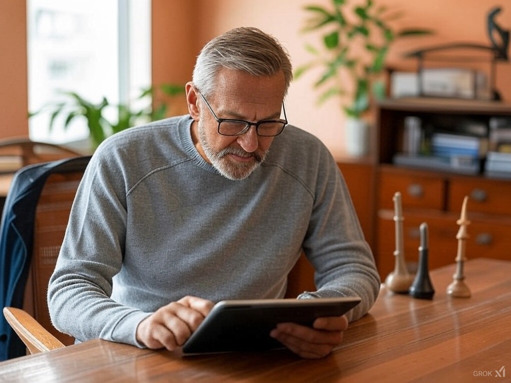 Homme âgé avec lunettes lisant sur une tablette à une table en bois.