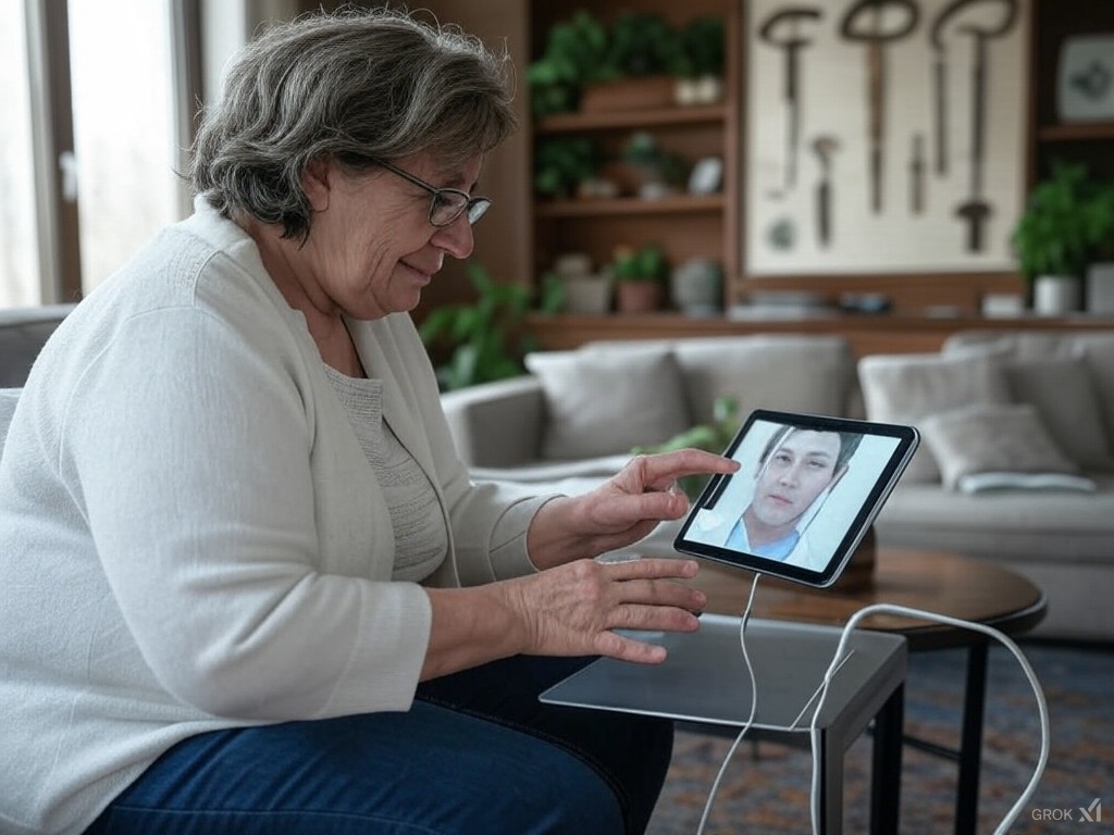 Femme âgée en appel vidéo sur une tablette dans un salon.