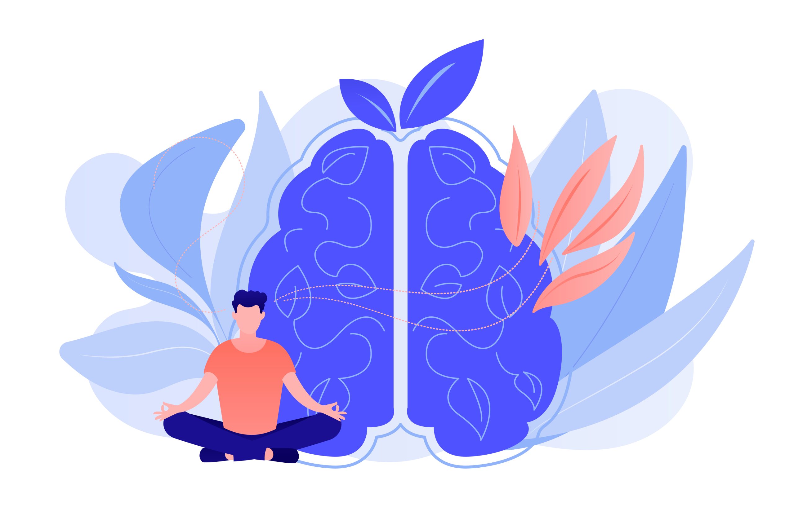 Personne méditant devant un cerveau stylisé avec des feuilles.