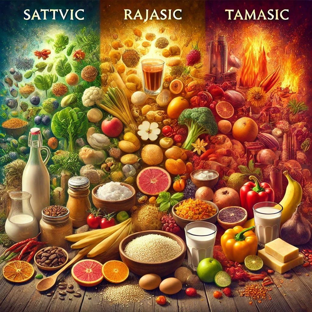 Aliments classés en trois catégories : sattvic, rajasic, et tamasic, sur fond coloré.