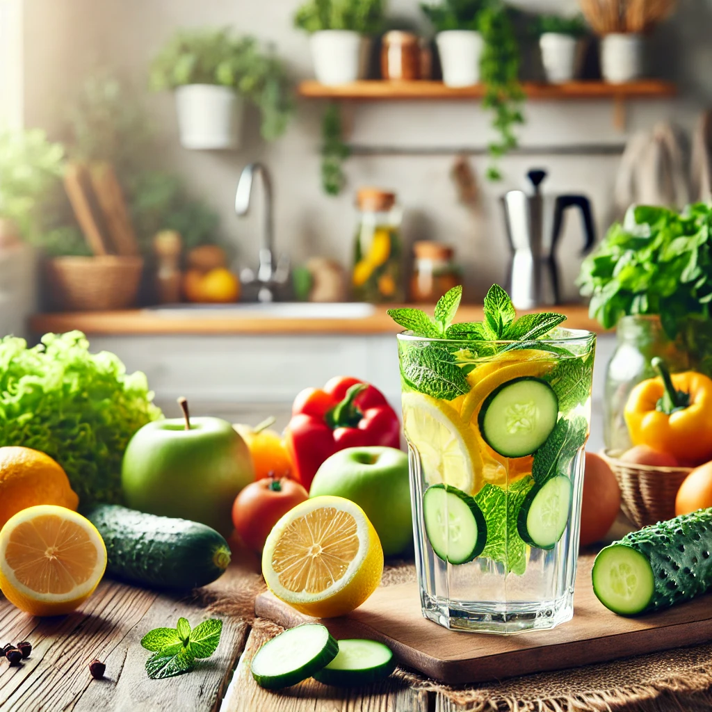 Verre d'eau infusée au citron et concombre, légumes frais en cuisine.