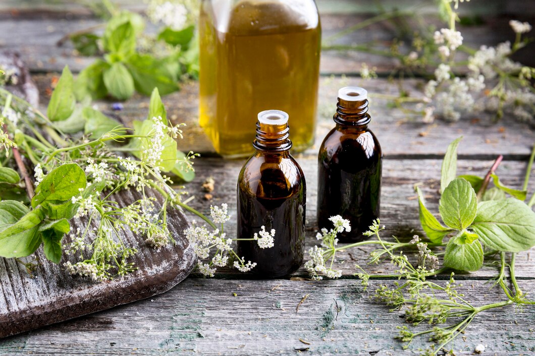 Bouteilles d'huile essentielle sur table en bois avec herbes et fleurs.
