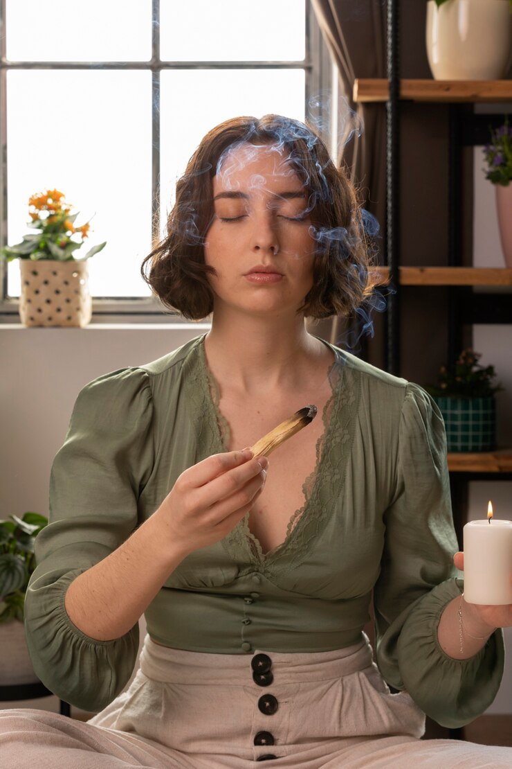 Femme méditant avec de la fumée de bois sacré et une bougie allumée.
