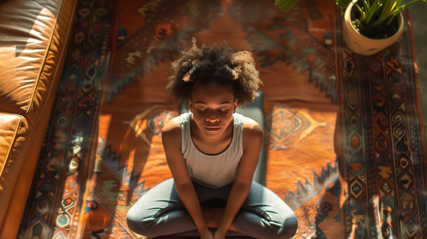 Femme méditant assise sur un tapis coloré, éclairée par la lumière du soleil.