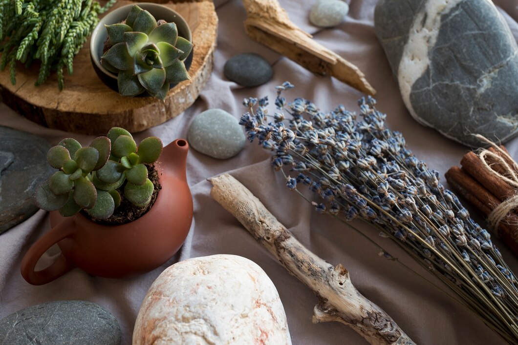 Plantes succulentes, lavande séchée, pierres et bâtons de cannelle sur une table.