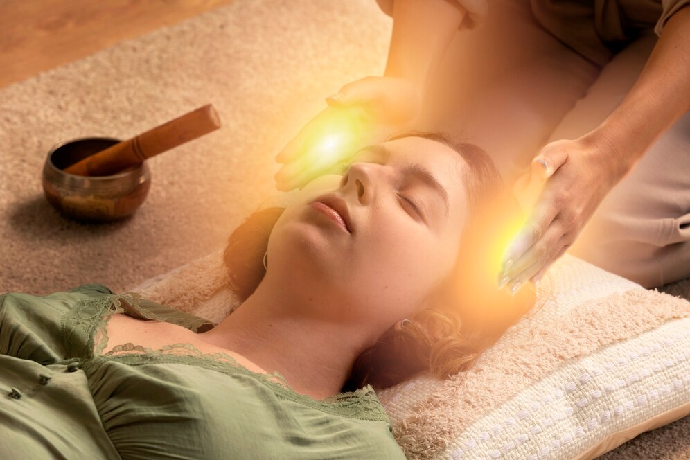 Femme recevant une séance de reiki avec des mains lumineuses au-dessus de sa tête.