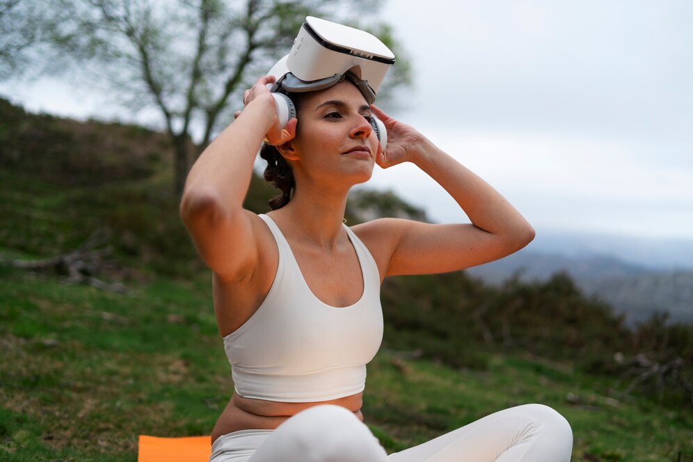 Femme en tenue de sport portant un casque VR en plein air.